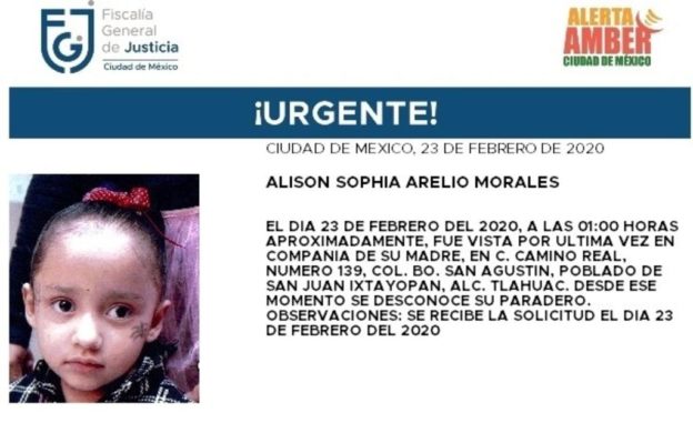 Alerta Ámber por niña de tres años desaparecida en Tláhuac