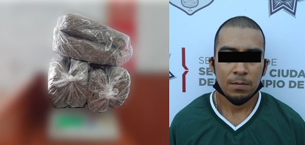 Asegura la municipal más de tres kilogramos de posible marihuana y un detenido