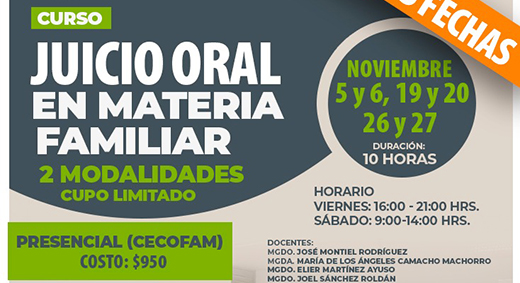 Invita Poder Judicial al curso en juicios orales en materia familiar