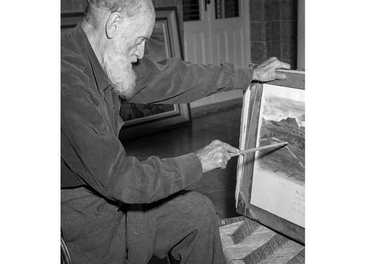 Título: Gerardo Murillo pinta un paisaje, Fondo: Archivo Casasola, Autor: Casasola, Lugar de asunto: México, D.F., México, Fecha de asunto: ca. 1950, Fecha de toma: ca. 1950, Proceso: Negativo de película de seguridad.