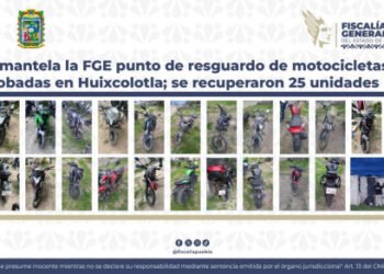 Desmantela la FGE punto de resguardo de motocicletas robadas en Huixcolotla; se recuperaron 25 unidades