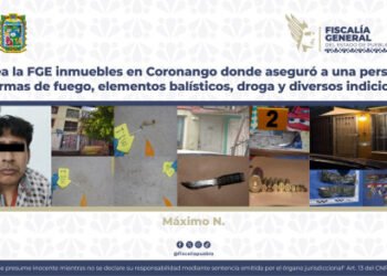 Catea la FGE inmuebles en Coronango donde aseguró a una persona, armas de fuego, elementos balísticos, droga y diversos indicios
