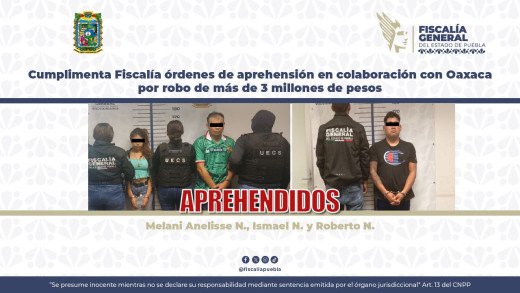 Cumplimenta Fiscalía órdenes de aprehensión en colaboración con Oaxaca por robo de más de 3 millones de pesos