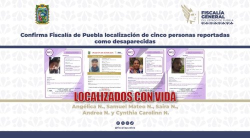 Confirma Fiscalía de Puebla localización de cinco personas reportadas como desaparecidas