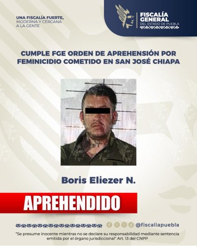 Cumple FGE orden de aprehensión por feminicidio cometido en San José Chiapa